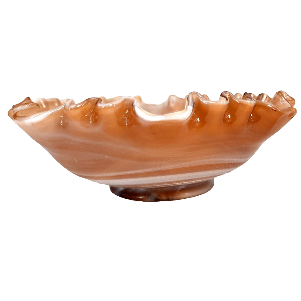 Vintage Imperial Carmel Slag Glass Satin Bowl Ribbon Edge Windmill 8 in MCM USA